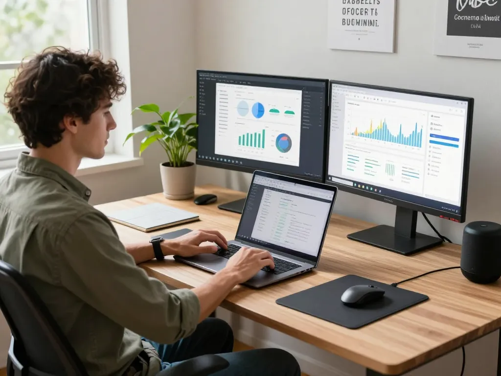 Tech gadgets for productivity enhancing a modern workspace with dual monitors, sleek laptop, and ergonomic setup.